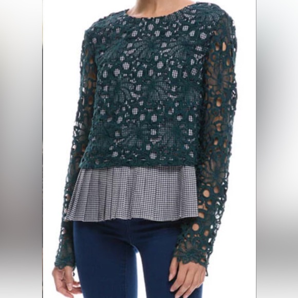 English Factory Tops - English Factory Lace Overlay Blouse - Dark Green